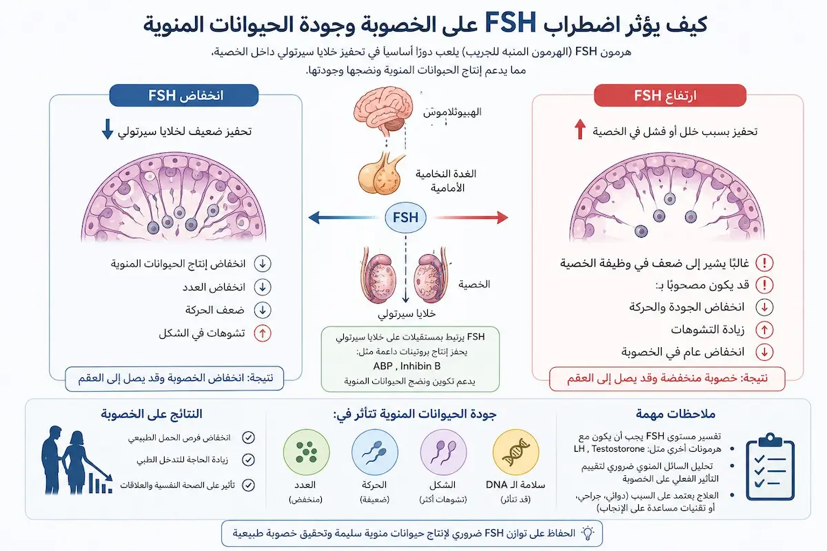 إنفوجرافيك طبي يفصل بين أسباب ارتفاع وانخفاض هرمون FSH وتأثير ذلك على تشوه وتعداد الحيوانات المنوية والخصوبة للرجال.