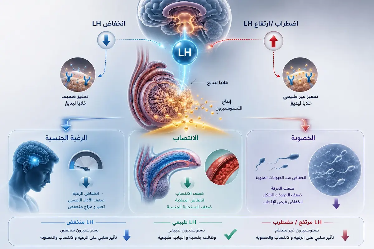 تأثير اضطراب هرمون LH على صحة الرجل - أطلس الرجل الصحي. جدول إنفوجرافيك طبي يشرح أسباب ارتفاع وانخفاض هرمون LH وتأثير هذا الاضطراب على الرغبة والانتصاب والخصوبة عند الرجال.