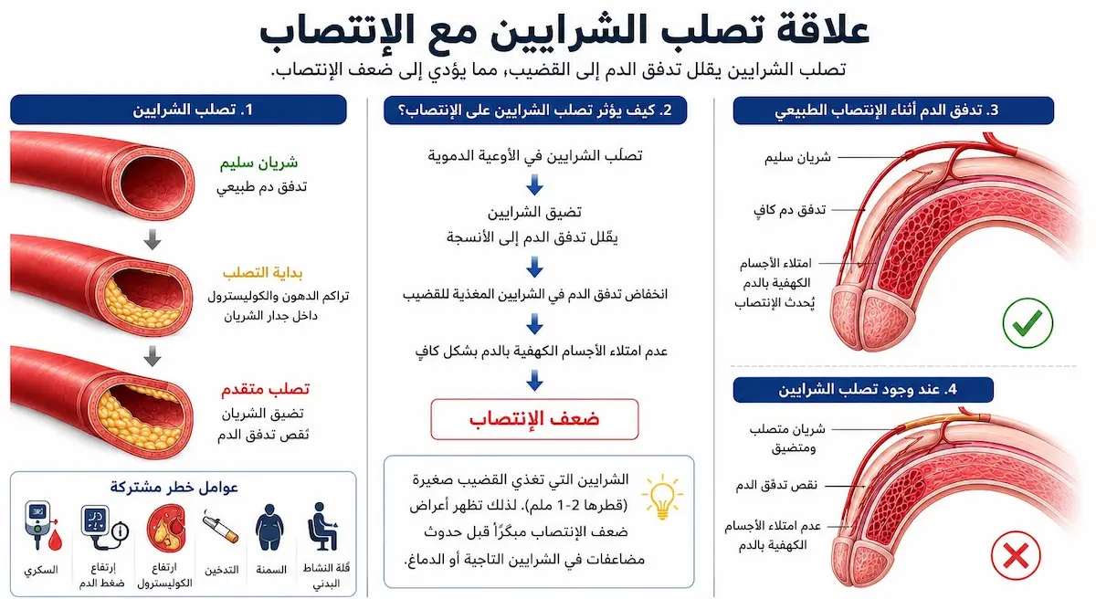 إنفوجرافيك طبي تشريحي يقارن بين تدفق الدم في الشريان السليم والشريان المتصلب المتضيق وتأثير ذلك على قوة الانتصاب للرجال.