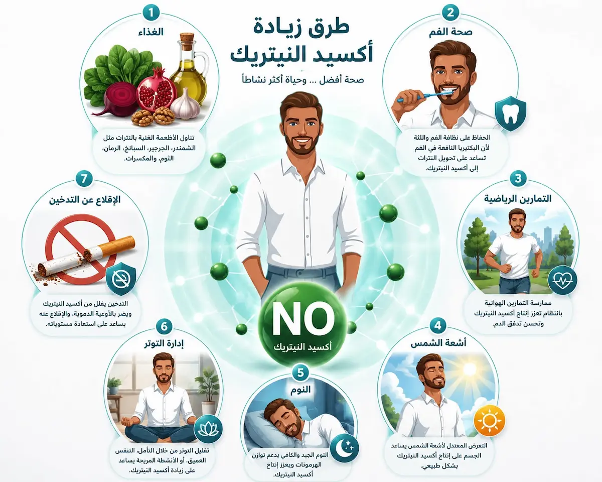إنفوجرافيك طبي يشرح كيفية تأثير تناول الشمندر، ممارسة الرياضة، وتجنب غسول الفم على رفع مستويات أكسيد النيتريك والانتصاب للرجال.
