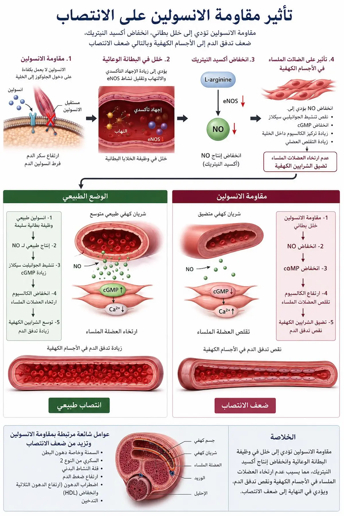 آلية تأثير الإنسولين على الانتصاب - أطلس الرجل الصحي. إنفوجرافيك علمي يشرح الآلية البيولوجية التي تؤدي من خلالها مقاومة الإنسولين إلى تدمير بطانة الأوعية الدموية وضرر الانتصاب.