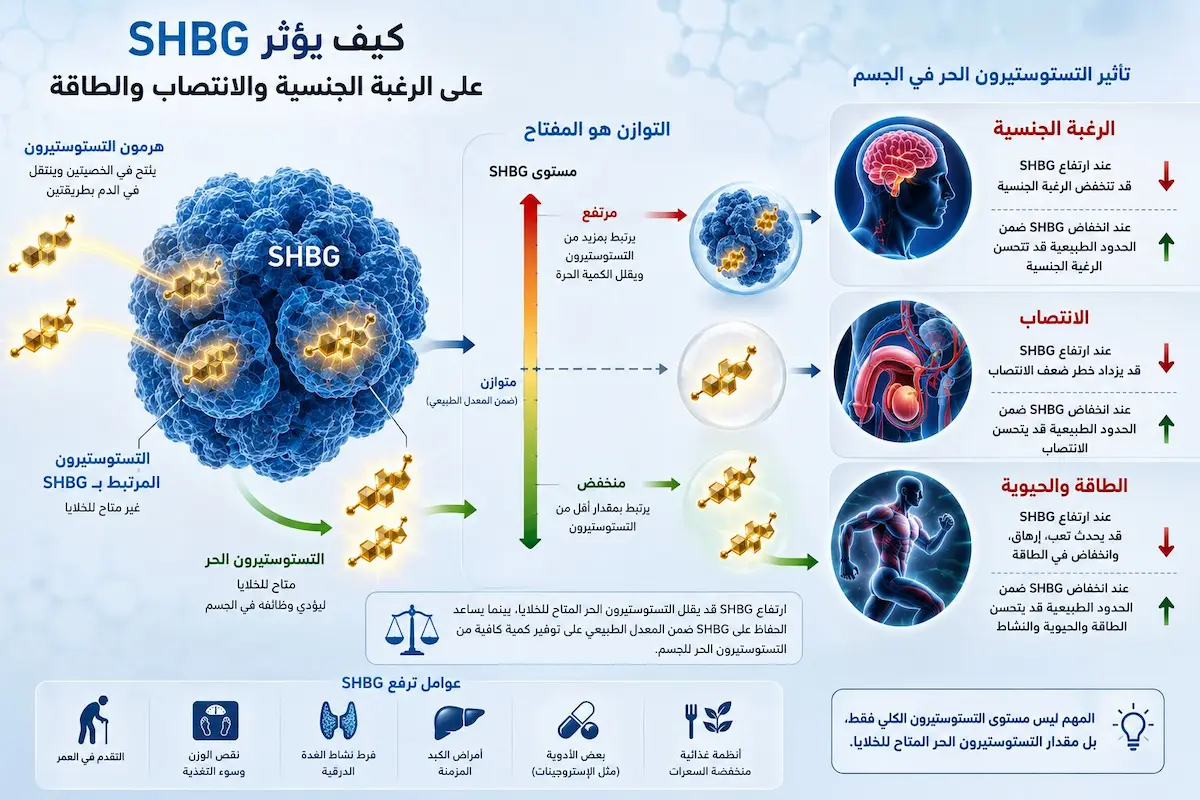إنفوجرافيك طبي علمي يشرح تأثير ارتفاع بروتين SHBG على خفض التستوستيرون الحر وتدمير الرغبة والانتصاب والطاقة للرجال.