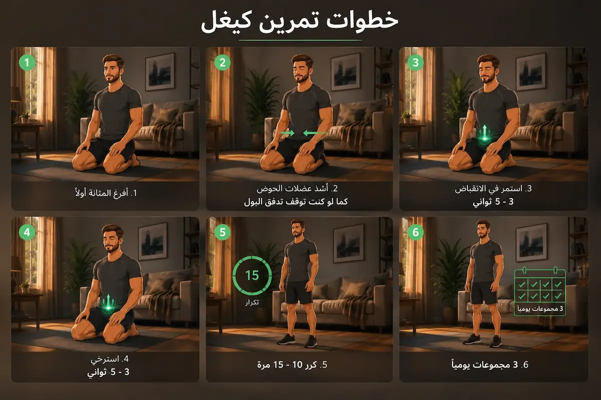 إنفوجرافيك طبي يشرح الطريقة الصحيحة لتنفيذ تمارين كيغل للرجال والخطوات التشريحية لتجنب الأخطاء الشائعة.