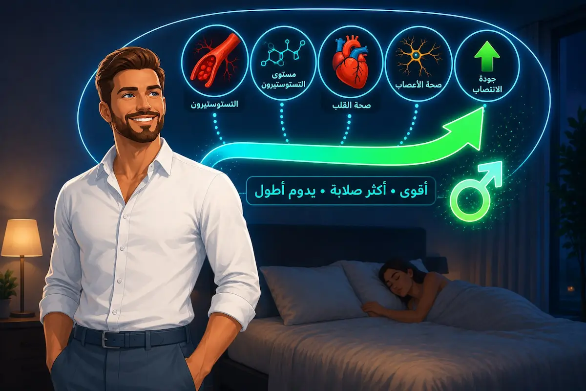 رسم توضيحي يظهر الشاب مبتسماً وواثقاً وزوجته نائمة بسلام على السرير لمناقشة خطوات استعادة الانتصاب وتحسين الأداء الجنسي.