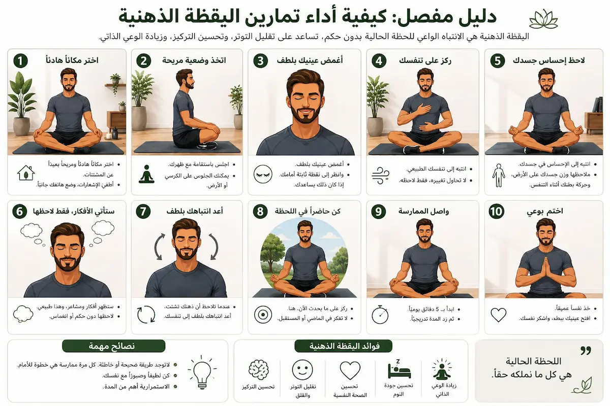 خطوات تطبيق اليقظة الذهنية للرجال - أطلس الرجل الصحي. إنفوجرافيك تعليمي يوضح بالتفصيل خطوات تمارين اليقظة الذهنية والتنفس البطني التي يؤديها الرجل لتحسين الاستجابة والانتصاب.