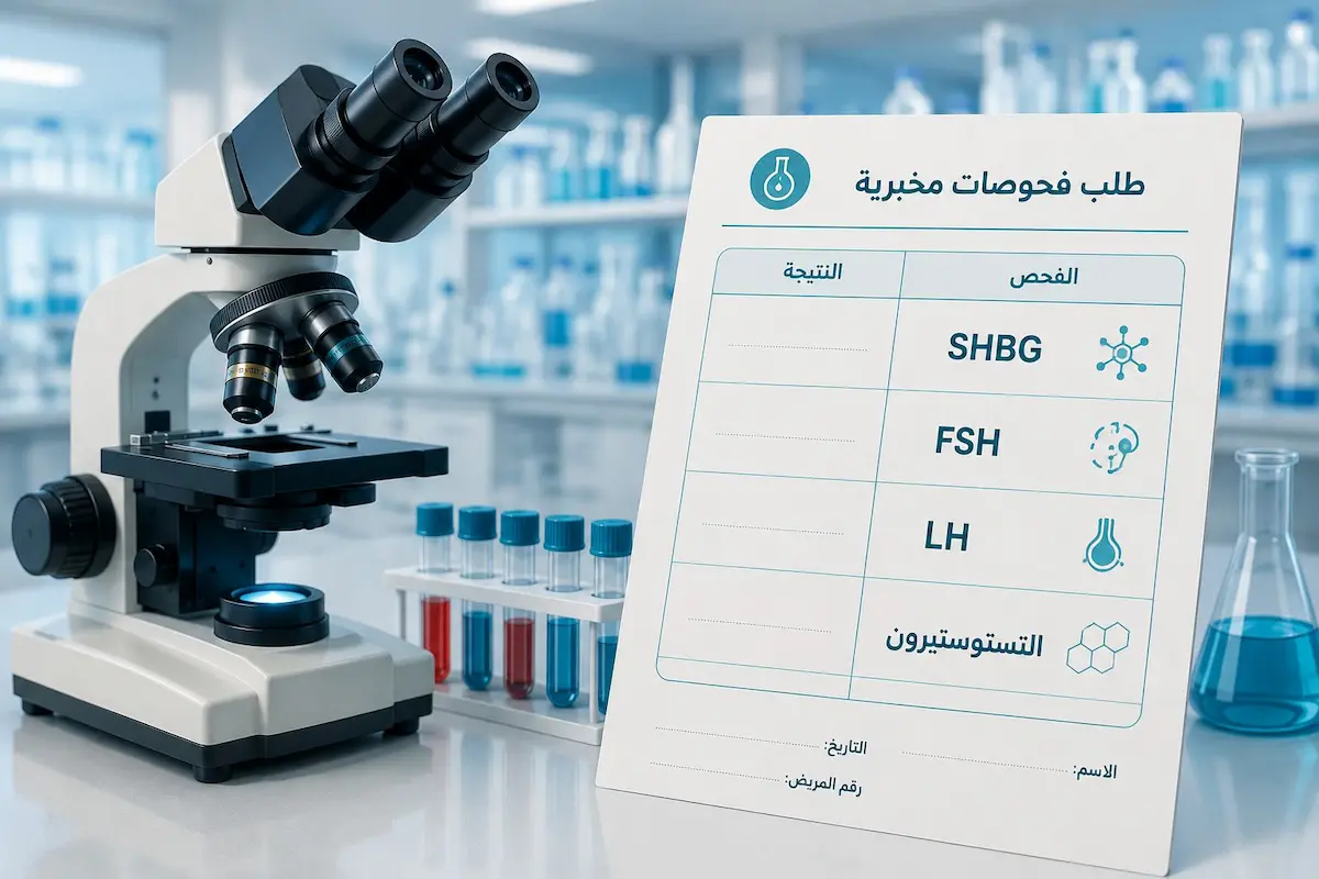 رسم توضيحي مخبري يظهر مجهراً وبجانبه تقرير طبي يحتوي على أسماء الفحوصات الأربعة التستوستيرون وLH وFSH وSHBG لتعلم كيفية قراءة تحاليل الهرمونات للرجال.