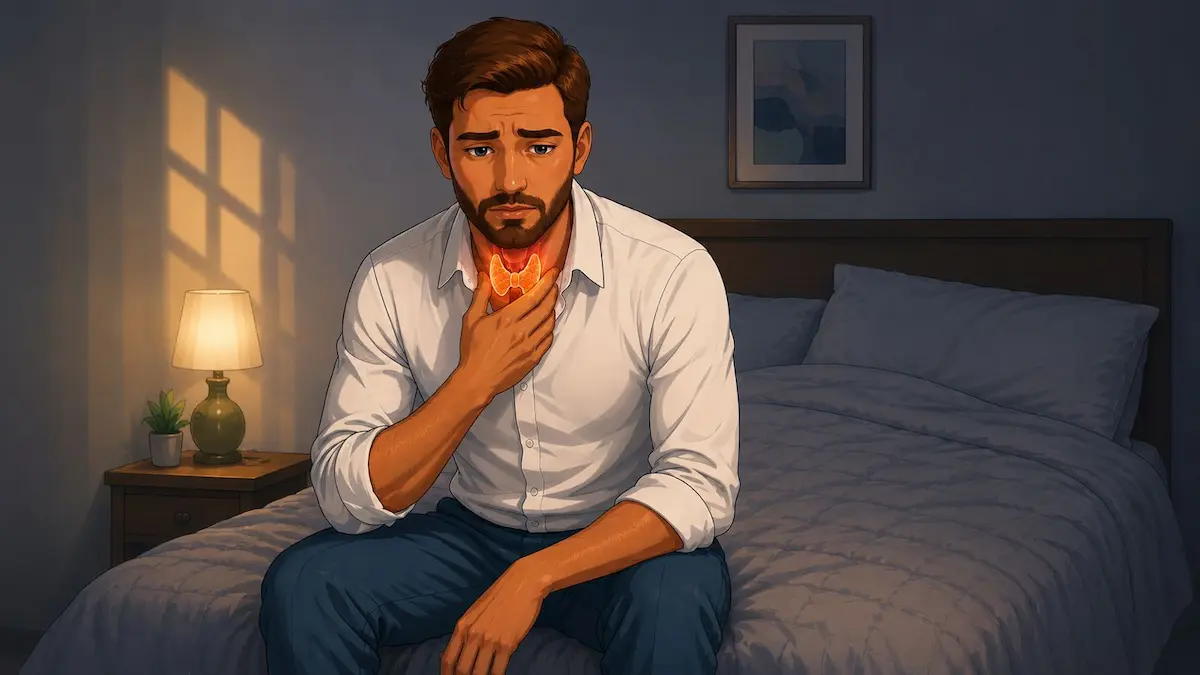 رسم توضيحي طبي يظهر شاباً يمسك رقبته مع إشارة مضيئة للغدة الدرقية لمناقشة تأثير الخمول على الصحة الجنسية للرجال.