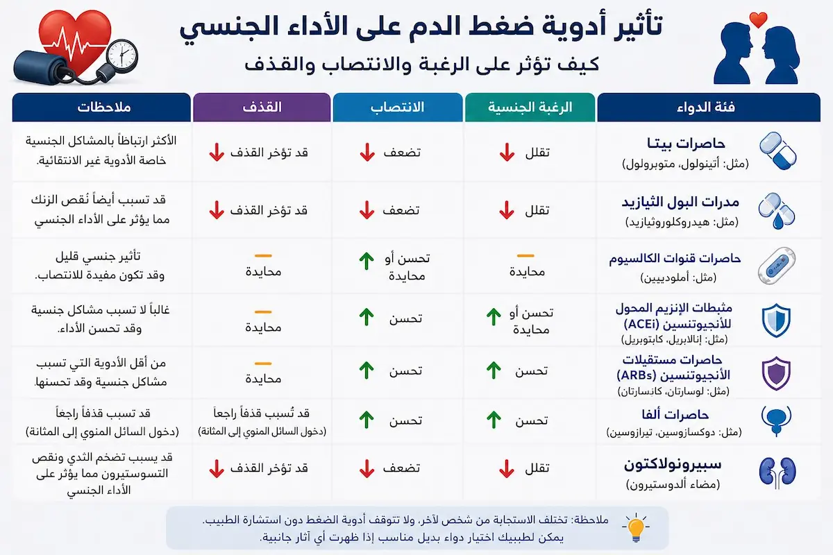 إنفوجرافيك طبي يوضح تأثير أنواع أدوية ضغط الدم المختلفة (حاصرات بيتا ومدرات البول) على الرغبة والانتصاب والقذف للرجال.