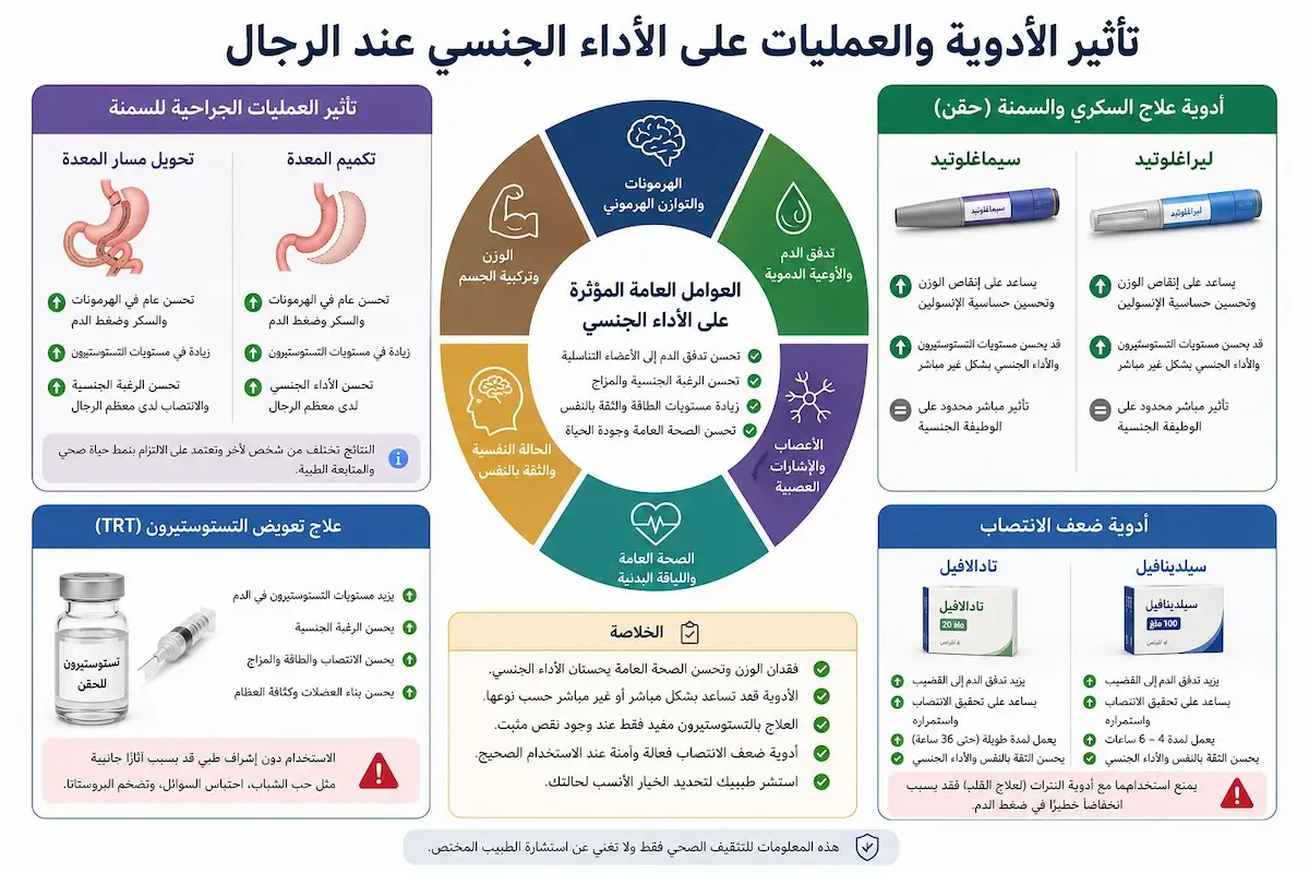 جدول إنفوجرافيك طبي يشرح تأثير أدوية التخسيس وجراحات تكميم المعدة وتحويل المسار في رفع التستوستيرون وتحسين الانتصاب والخصوبة للرجال.