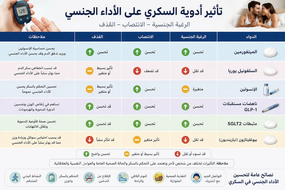 تأثير أدوية السكري على الأداء الجنسي - أطلس الرجل الصحي. إنفوجرافيك طبي يوضح حقيقة تأثير أنواع أدوية السكري (الميتفورمين والإنسولين) وحمايتها للانتصاب والأعصاب عند الرجال.