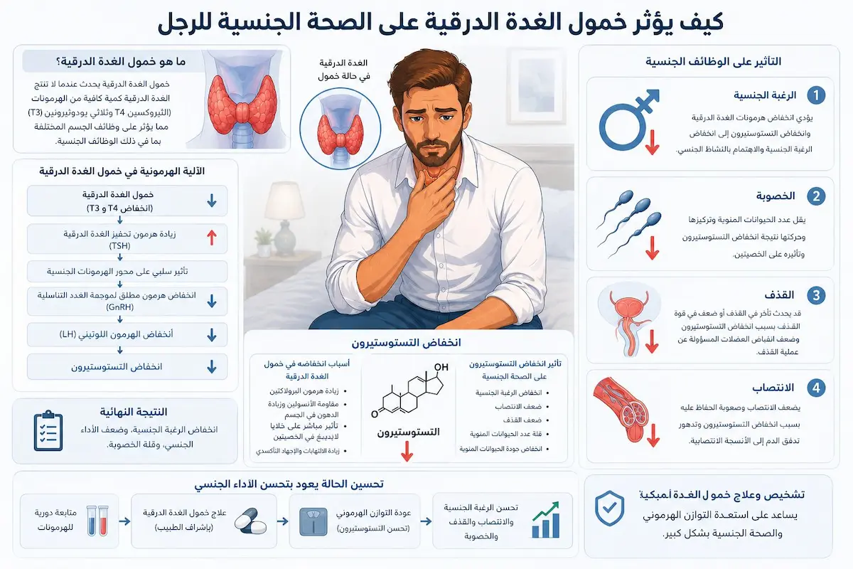 جدول إنفوجرافيك طبي يشرح تأثير خمول الغدة الدرقية على خفض التستوستيرون، تراجع الرغبة، ضعف الانتصاب، وتأخر القذف عند الرجال.