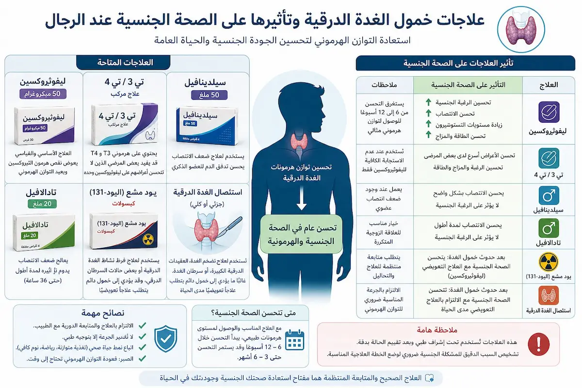 تأثير علاجات الغدة والمنشطات علمياً - أطلس الرجل الصحي. جدول إنفوجرافيك طبي يشرح تأثير ودور علاج الليفوثيروكسين ومثبطات PDE5 في استعادة الانتصاب والرغبة لدى الرجال المصابين بخمول الغدة.