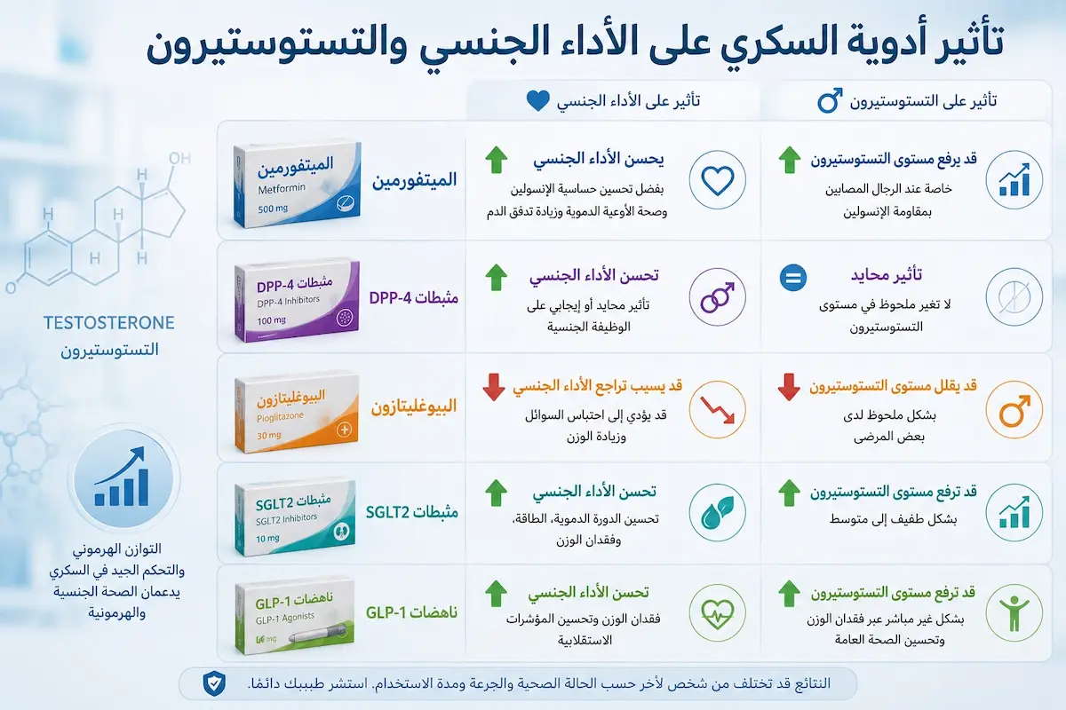 تأثير أدوية الإنسولين على التستوستيرون - أطلس الرجل الصحي. إنفوجرافيك علمي يشرح التأثيرات الحيوية لأدوية مقاومة الإنسولين على مستويات التستوستيرون الحرة والقدرة على الانتصاب لدى الرجال.