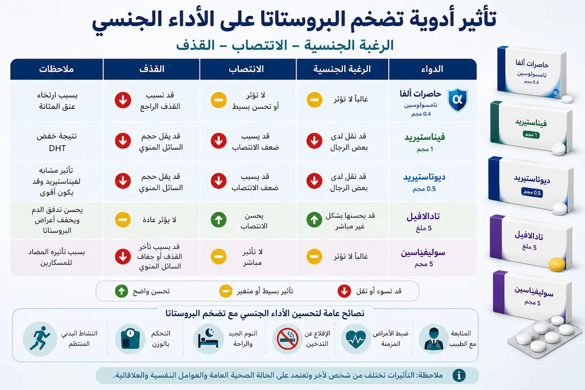 إنفوجرافيك طبي يستعرض جدول مقارنة لتأثير أدوية تضخم البروستاتا على الرغبة والانتصاب والقذف عند الرجال، موضحاً تسبب حاصرات ألفا مثل التامسولوسين في القذف الرجوعي، وتأثير مثبطات اختزال ألفا على الهرمونات والرغبة، ودور التادالافيل اليومي في تحسين الانتصاب وعلاج أعراض البروستاتا معاً.