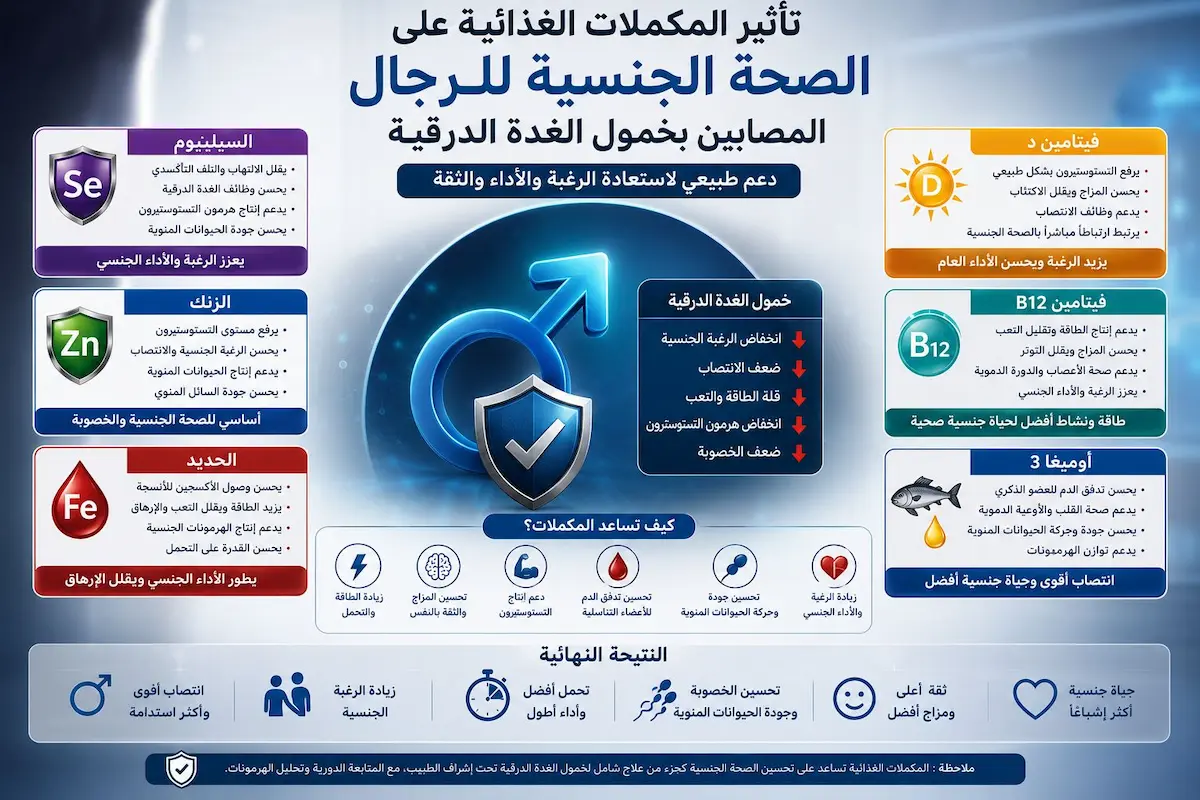 جدول إنفوجرافيك طبي يشرح دور مكملات السيلينيوم، الزنك، والأشواغاندا في تحسين وظائف الغدة الدرقية وعلاج ضعف الانتصاب للرجال.