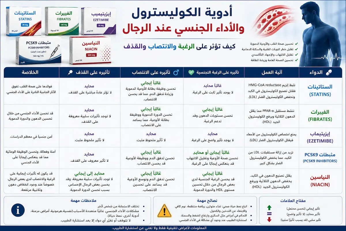 جدول إنفوجرافيك طبي يشرح التأثير المزدوج لأدوية الكوليسترول الستاتينات على تحسين تدفق الدم في الشرايين مقابل تأثيرها المؤقت على الرغبة والتستوستيرون للرجال.