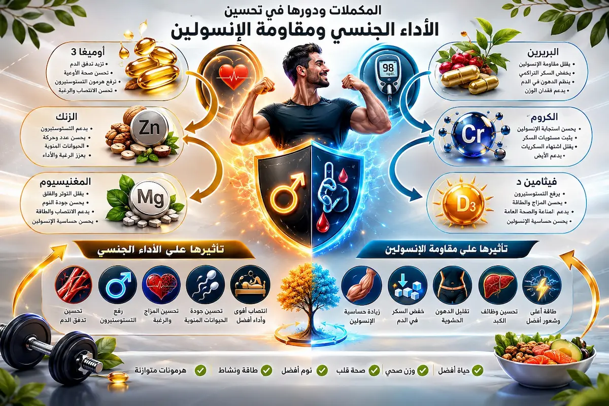تأثير المكملات على الأداء الجنسي والأيض - أطلس الرجل الصحي. إنفوجرافيك طبي يشرح آلية عمل المكملات الغذائية في تحسين الأداء الجنسي وقوة الانتصاب عبر علاج مقاومة الإنسولين لدى الرجال.