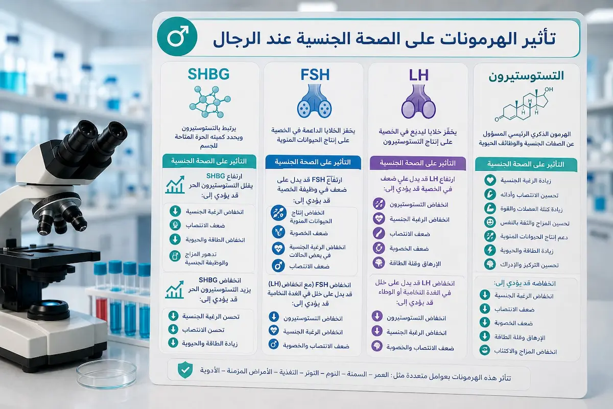 جدول إنفوجرافيك طبي يوضح تأثير وفروقات الهرمونات الجنسية الأربعة التستوستيرون والـ LH والـ FSH والـ SHBG على الرغبة والانتصاب والخصوبة عند الرجال.