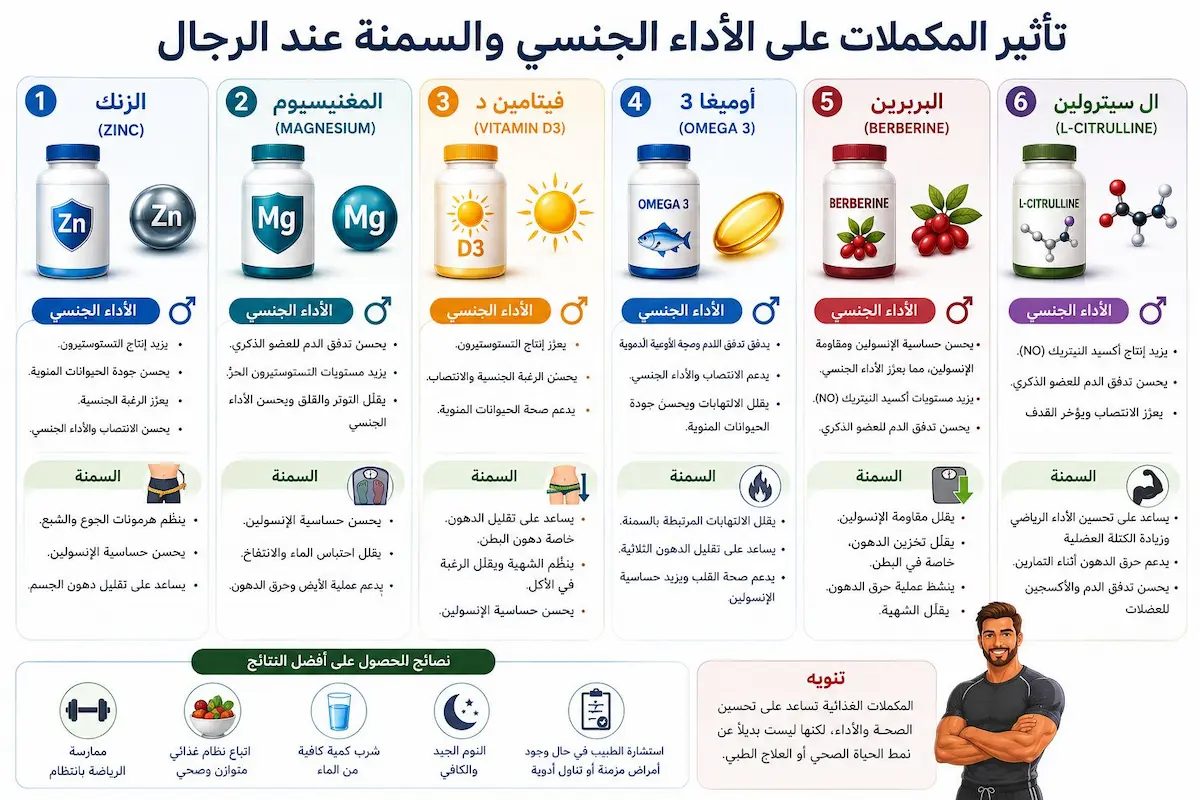 إنفوجرافيك طبي يشرح دور مكملات الزنك وفيتامين د3 والـ إل-أرجينين في رفع التستوستيرون وتحسين انتصاب الأوعية الدموية للرجال المصابين بالسمنة.