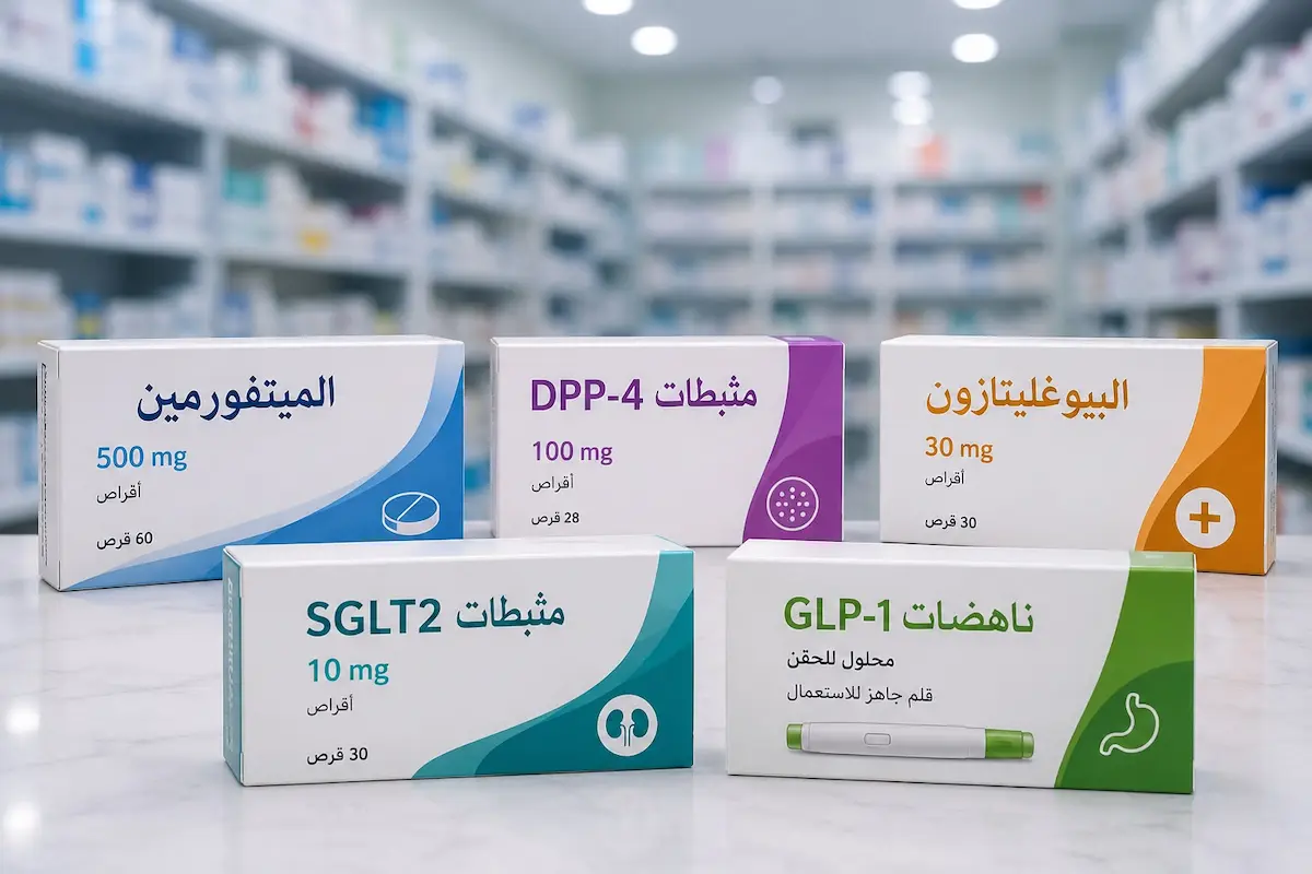 رسم توضيحي يستعرض علبًا لأبرز الأدوية المستخدمة في علاج مقاومة الإنسولين وتنظيم السكر لمناقشة تأثيرها على التستوستيرون والأداء الجنسي للرجال.