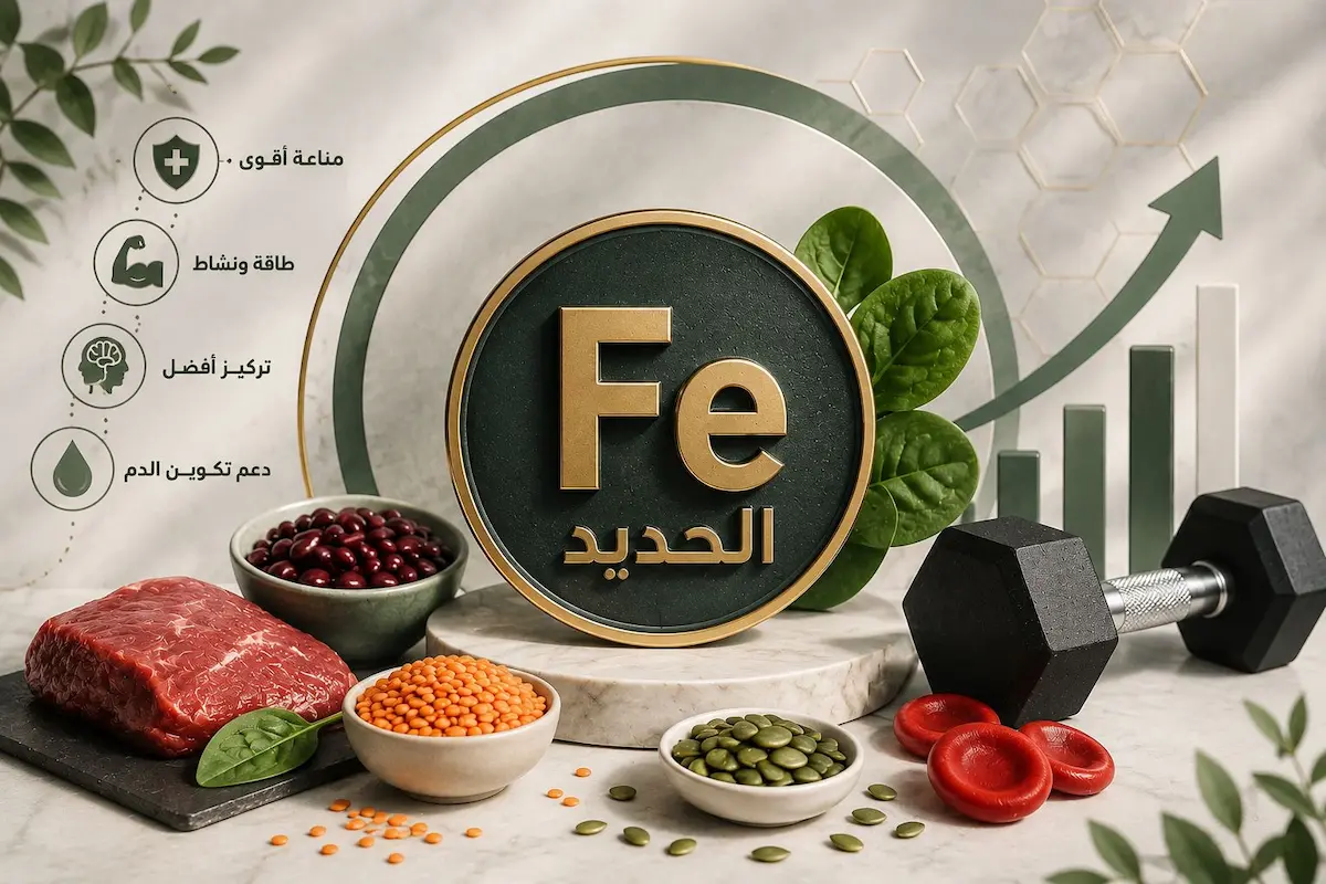 رسم توضيحي طبي يظهر رمز عنصر الحديد الكيميائي Fe محاطاً بالأطعمة الغنية به لمناقشة تأثير نقصه على الرغبة والانتصاب للرجال.