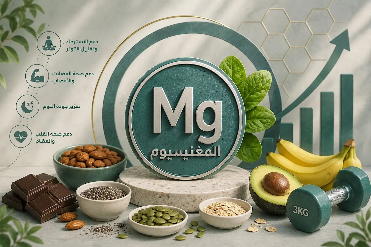 رسم توضيحي طبي يظهر رمز عنصر المغنيسيوم الكيميائي Mg محاطاً بالأطعمة والأنظمة الغذائية الغنية به لحماية الرغبة وقوة الانتصاب للرجال.