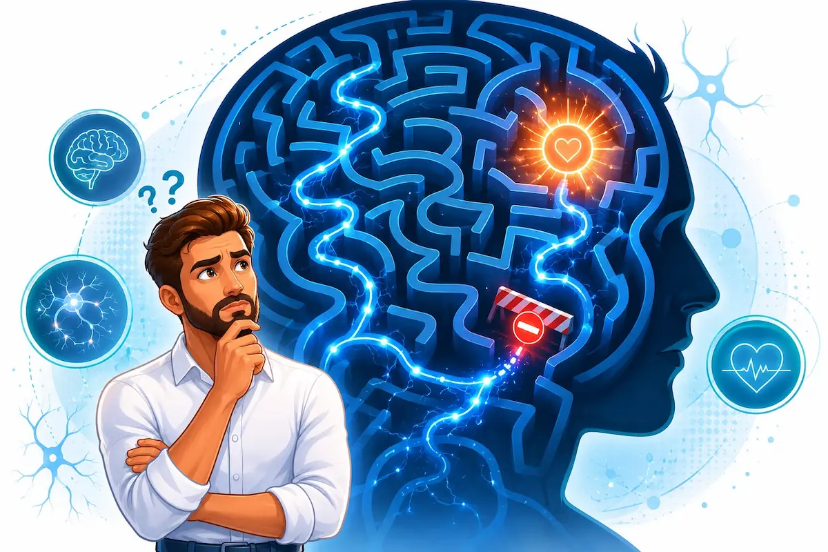رسم توضيحي يصور الشاب وهو يفكر وينظر إلى متاهة العقل لمناقشة أسباب اضطراب وصعوبة الوصول إلى النشوة الجنسية عند الرجال.