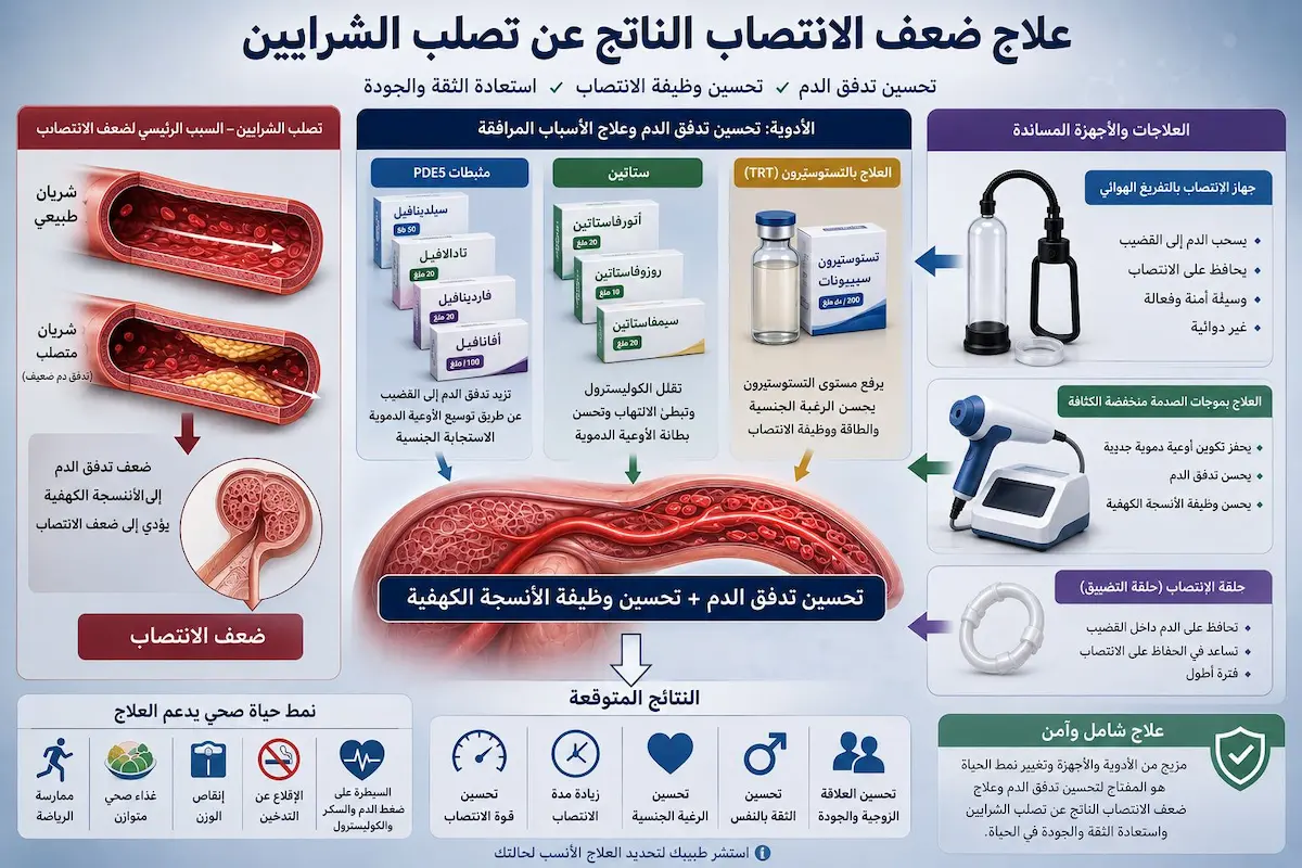 إنفوجرافيك طبي يشرح آليات عمل الأدوية الفموية والموجات الصدمية والأجهزة الميكانيكية لعلاج ضعف الانتصاب الوعائي.