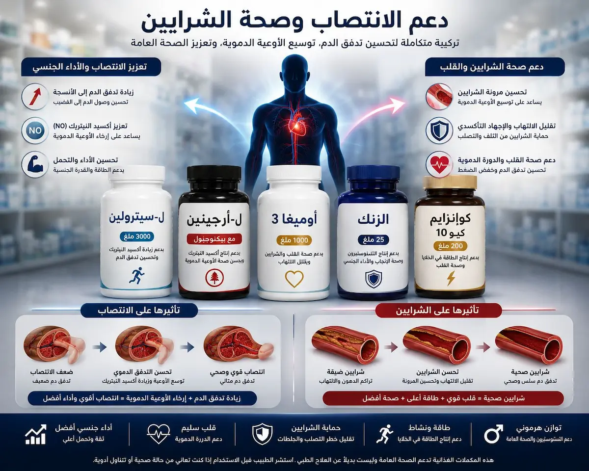 إنفوجرافيك علمي يشرح آلية عمل المكملات الغذائية في توسيع الشرايين وإفراز أكسيد النيتريك لتحسين الانتصاب للرجال.