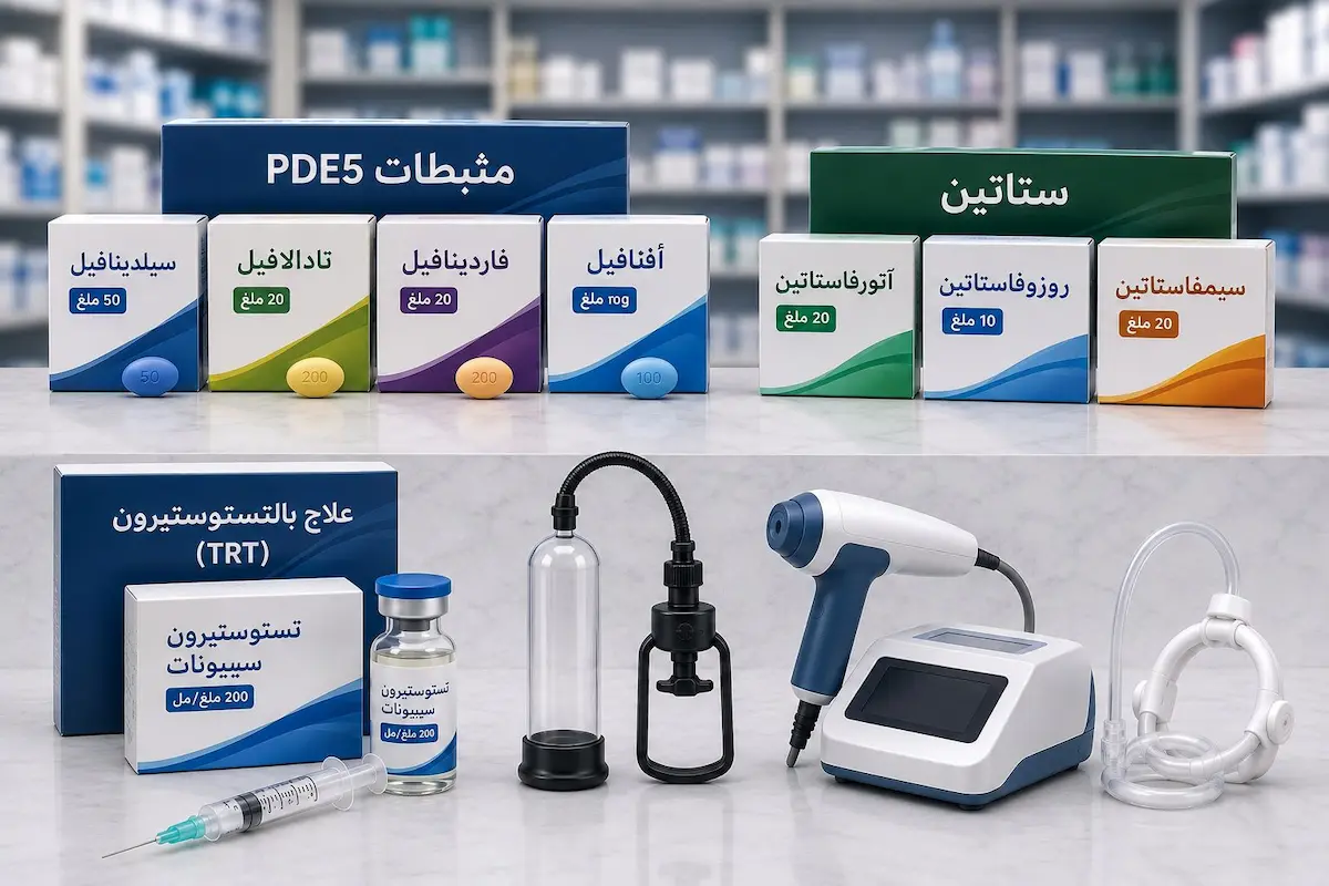 رسم توضيحي طبي يجمع علب الأدوية والأجهزة الطبية الحديثة المستخدمة في علاج ضعف الانتصاب المرتبط بتصلب الشرايين للرجال.