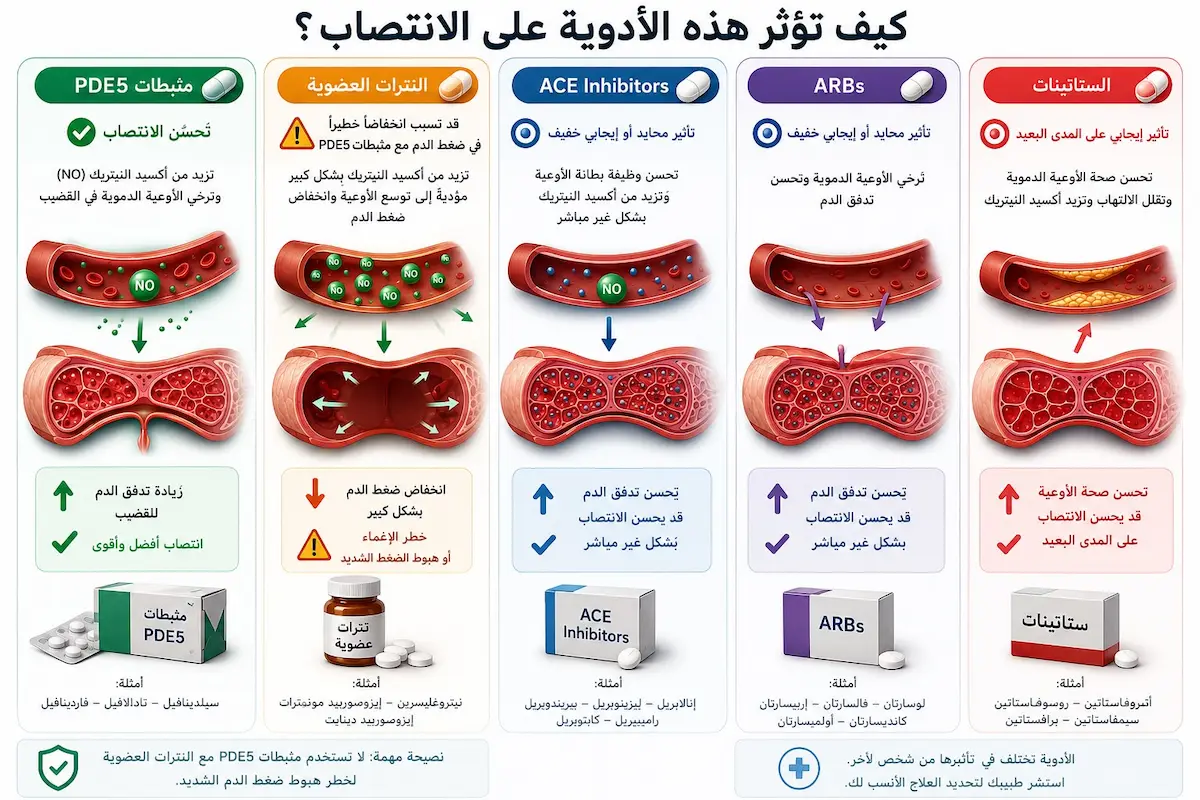 جدول إنفوجرافيك طبي يوضح الأدوية والعلاجات التي ترفع وتحمي مستويات أكسيد النيتريك وتحسن الانتصاب كالسيلدينافيل والستاتينات.
