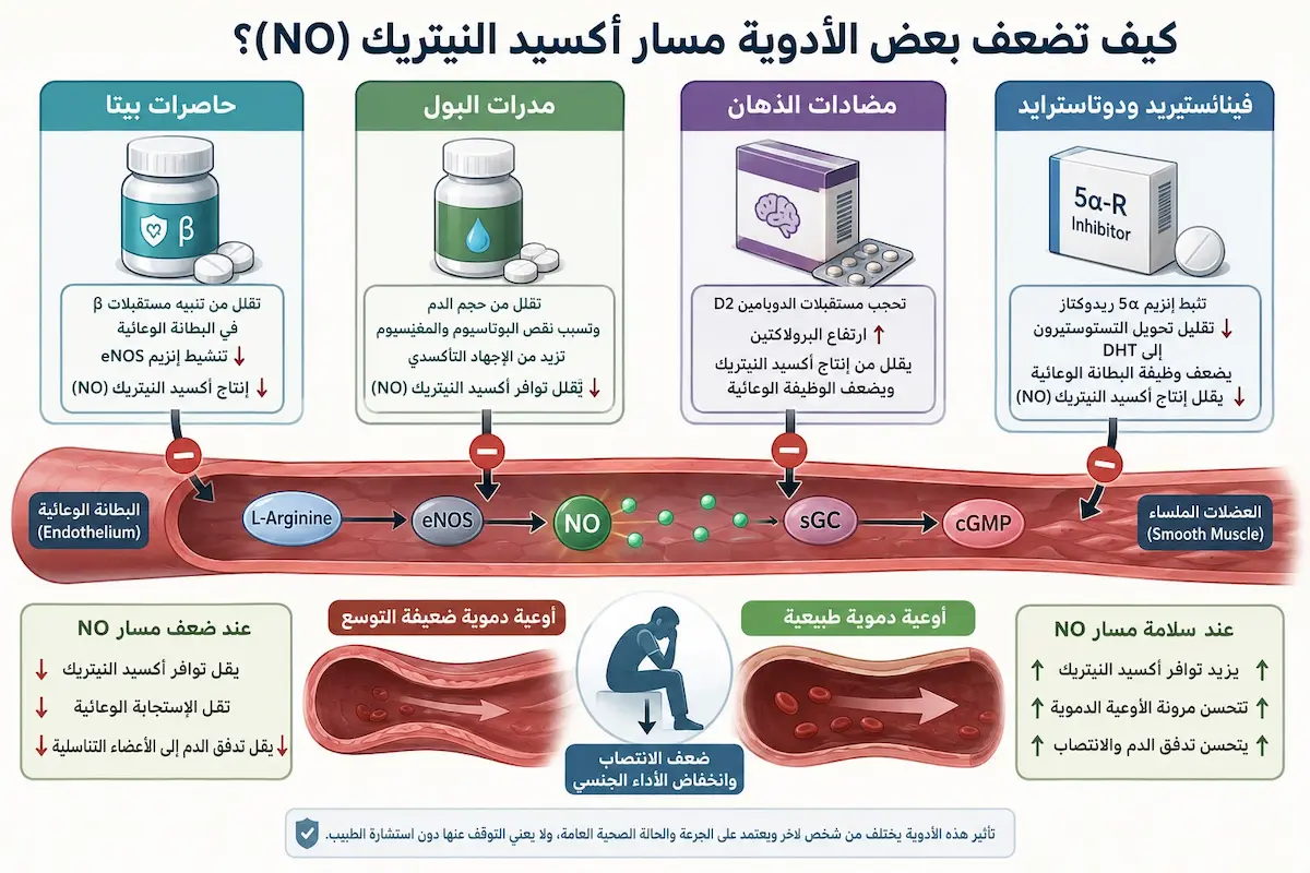 إنفوجرافيك طبي يوضح الأدوية التي تقلل غسيل أكسيد النيتريك وتسبب ضعف الانتصاب كأدوية الضغط ومضادات الاكتئاب.