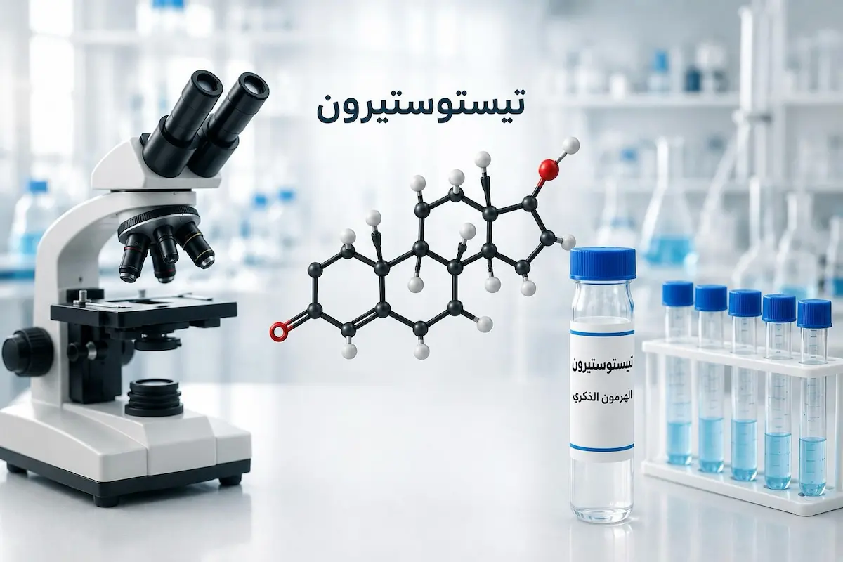 مجهر وأنابيب فحص دم في مختبر طبي بجوار الشكل الكيميائي الجزيئي لهرمون التستوستيرون، لتمثيل تحليل التستوستيرون عند الرجال.