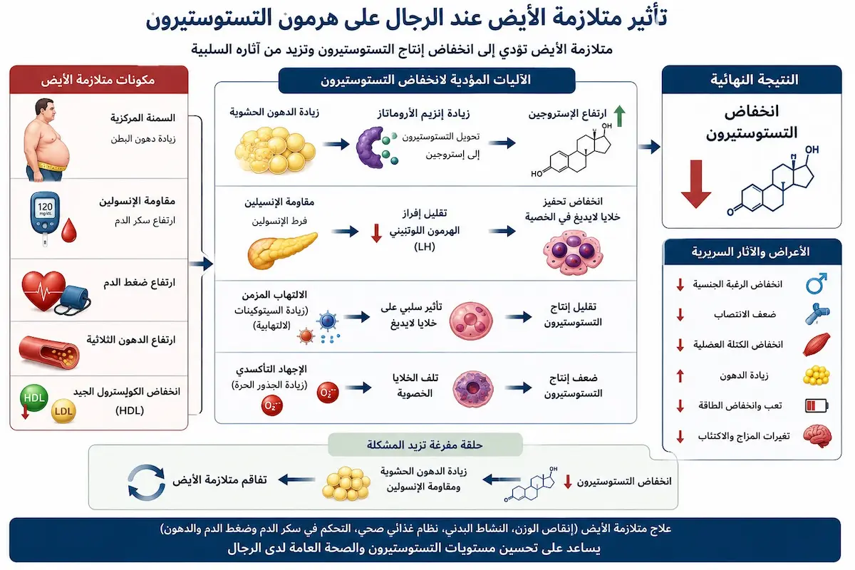 إنفوجرافيك طبي يوضح التأثيرات الحيوية لمتلازمة الأيض على انخفاض إنتاج هرمون التستوستيرون وتحويله إلى هرمونات أنثوية لدى الرجال.