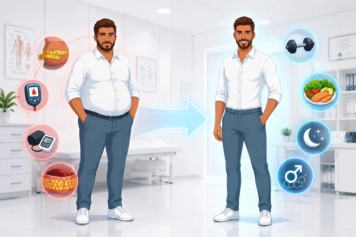 رسم توضيحي منقسم يظهر تحول الشاب من الإصابة بمتلازمة الأيض إلى استعادة الصحة والرشاقة، لمناقشة طرق استعادة التستوستيرون والصحة الجنسية.