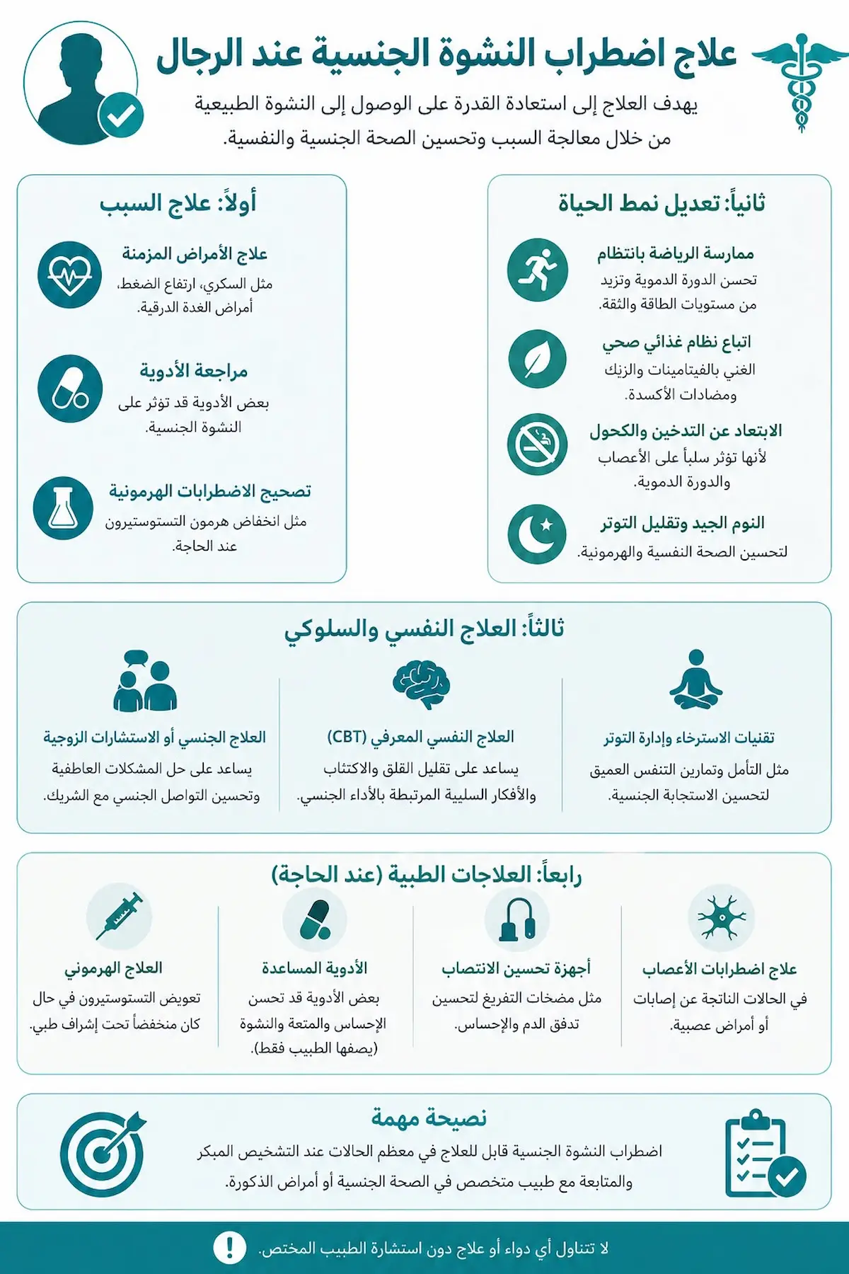 إنفوجرافيك طبي يستعرض طرق علاج اضطراب النشوة الجنسية عند الرجال وتشمل العلاج النفسي السلوكي، التعديل الدوائي، وتمارين قاع الحوض.