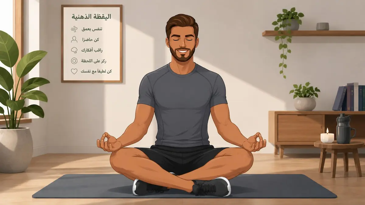 رسم توضيحي يظهر الشاب مسترخياً أثناء ممارسة تمارين اليقظة الذهنية لتحسين الانتصاب وزيادة المتعة الجنسية للرجال.