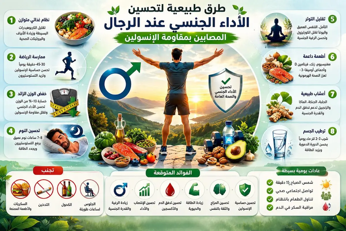 طرق علاج مقاومة الإنسولين طبيعياً - أطلس الرجل الصحي. إنفوجرافيك طبي يلخص أبرز الطرق الطبيعية لتحسين الأداء الجنسي وعلاج مقاومة الإنسولين تشمل الصيام المتقطع وتمارين المقاومة.