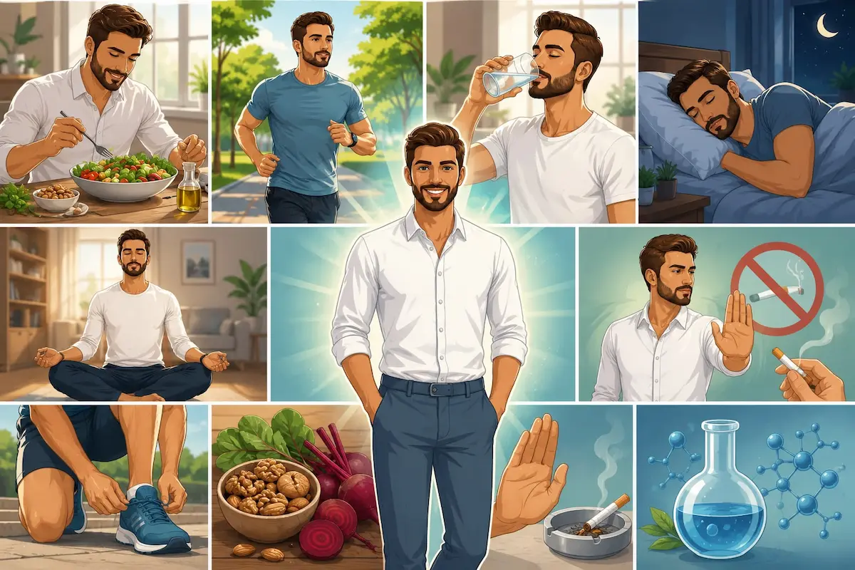 رسم توضيحي يظهر شاباً رياضياً محاطاً بأيقونات تمثل الطرق الطبيعية لزيادة أكسيد النيتريك كالتغذية والرياضة لتحسين الانتصاب عند الرجال.
