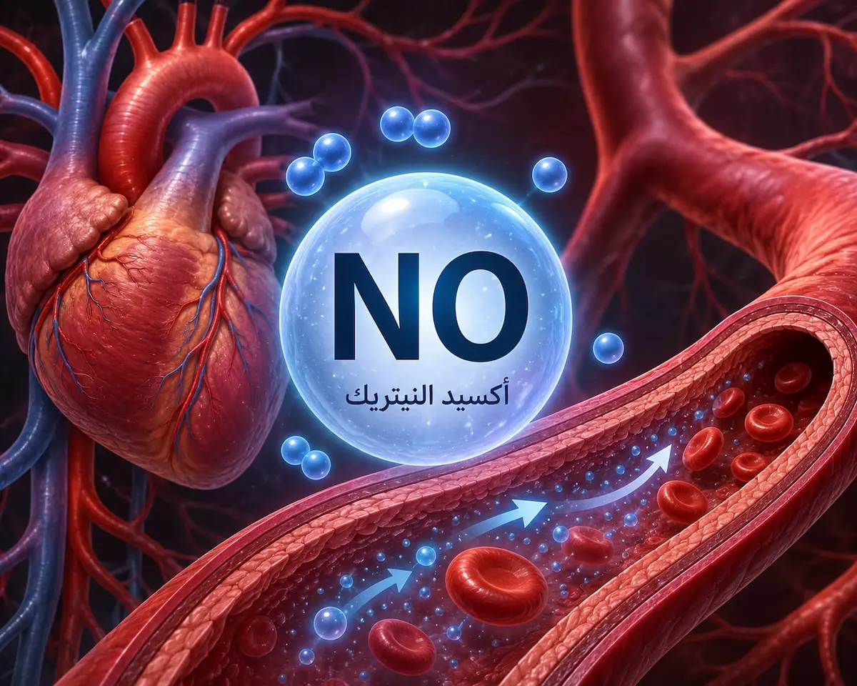 رسم توضيحي طبي يظهر الرمز الكيميائي لأكسيد النيتريك NO محاطاً بالأوعية الدموية وعضلة القلب لشرح أساس الانتصاب الطبيعي للرجال.