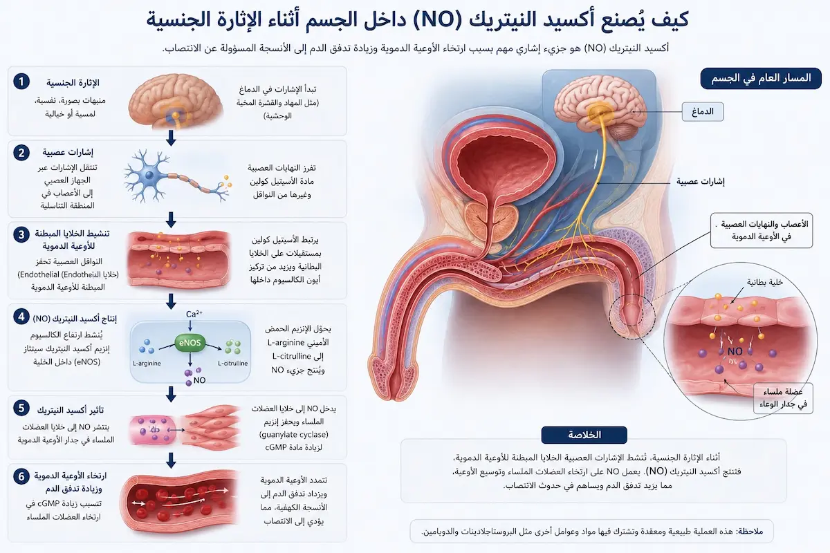 مخطط فيزيولوجي طبي يشرح مراحل إنتاج أكسيد النيتريك NO وتحويل الـ إل-أرجينين لفتح شرايين الحوض وحدوث الانتصاب للرجال.