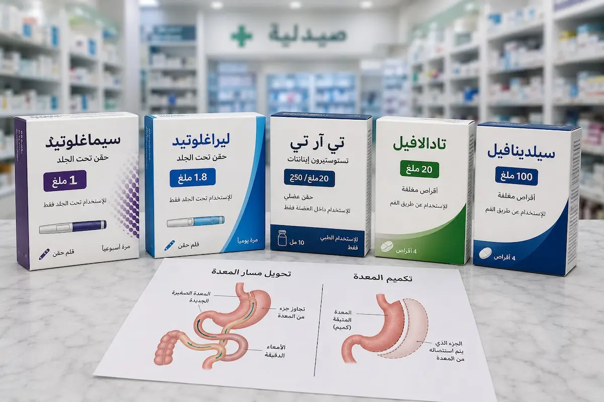 رسم توضيحي طبي يظهر علب أدوية السمنة الحديثة وبجانبها بطاقات مكتوب عليها تكميم المعدة وتحويل المسار لمناقشة تأثيرها على الانتصاب والرغبة للرجال.