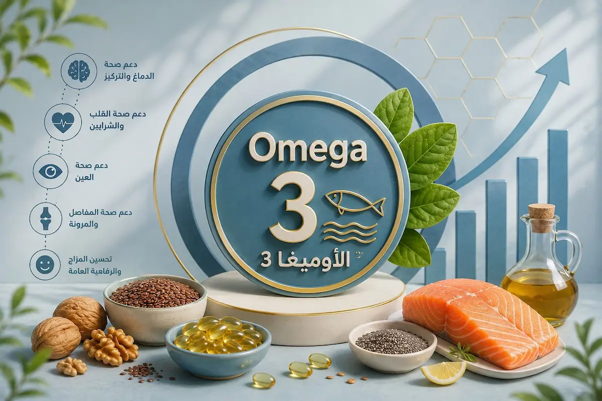 رسم توضيحي طبي يظهر رمز أوميغا 3 محاطاً بالأسماك الدهنية والأطعمة الغنية به لمناقشة تأثيره على قوة الانتصاب والخصوبة عند الرجال.