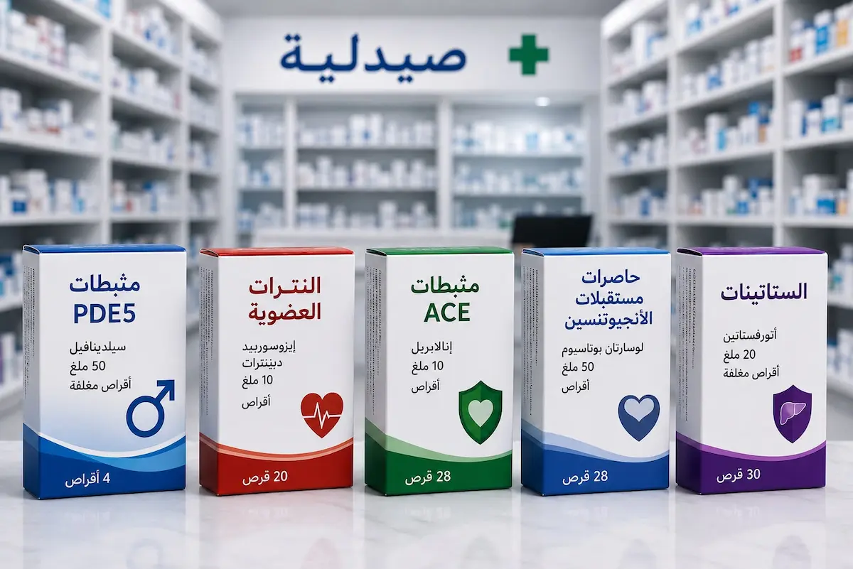 لقطة فوتوغرافية تظهر علب وأشرطة أدوية طبية مزمنة مختلفة لمناقشة تأثير العلاجات على مستويات أكسيد النيتريك والانتصاب عند الرجال.