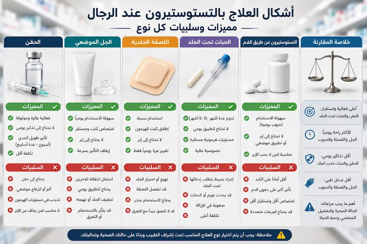 ميزات وسلبيات وسائل TRT - أطلس الرجل الصحي. إنفوجرافيك طبي يقارن بين ميزات وسلبيات حقن التستوستيرون والجل واللصقات الجلدية من حيث كفاءة الامتصاص والآثار الجانبية الموضعية.