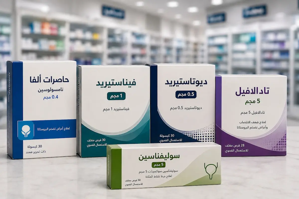 رسم توضيحي طبي يظهر علب أدوية تضخم البروستاتا الحميد ومجسم طبي للبروستاتا لمناقشة تأثيرها على الرغبة والانتصاب والقذف عند الرجال.