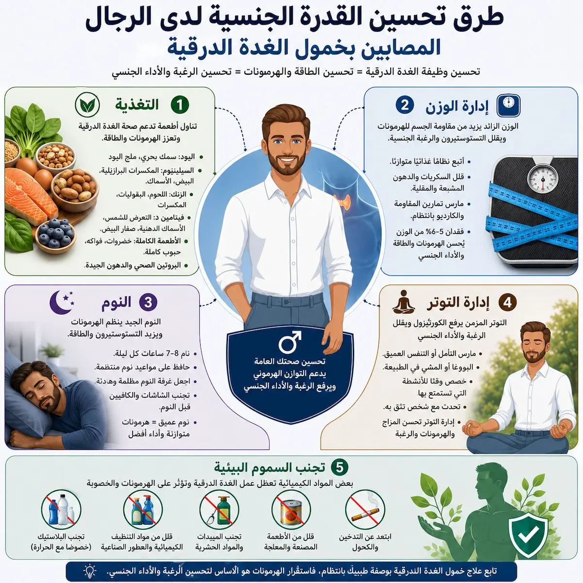 إنفوجرافيك تعليمي يستعرض طرق تحسين وظائف الغدة الدرقية والصحة الجنسية طبيعياً عبر التغذية (السيلينيوم والزنك)، الرياضة، والنوم للرجال.