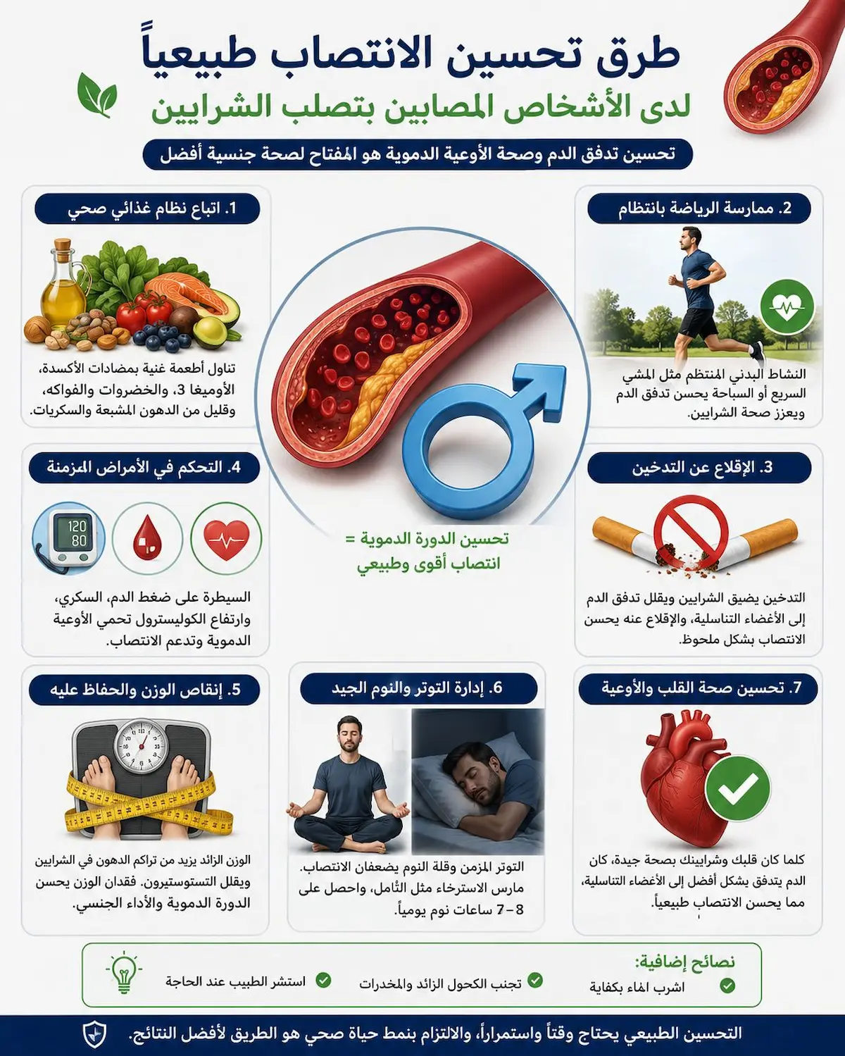 إنفوجرافيك طبي يستعرض أبرز الطرق الطبيعية لتحسين الانتصاب عند مصابي تصلب الشرايين وتشمل الرياضة، والنظام الغذائي.
