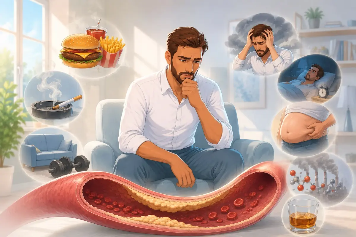 رسم توضيحي يظهر شاباً محاطاً بأيقونات طبية تمثل أسباب نقص أكسيد النيتريك كالتدخين والسمنة وتقدم السن عند الرجال.