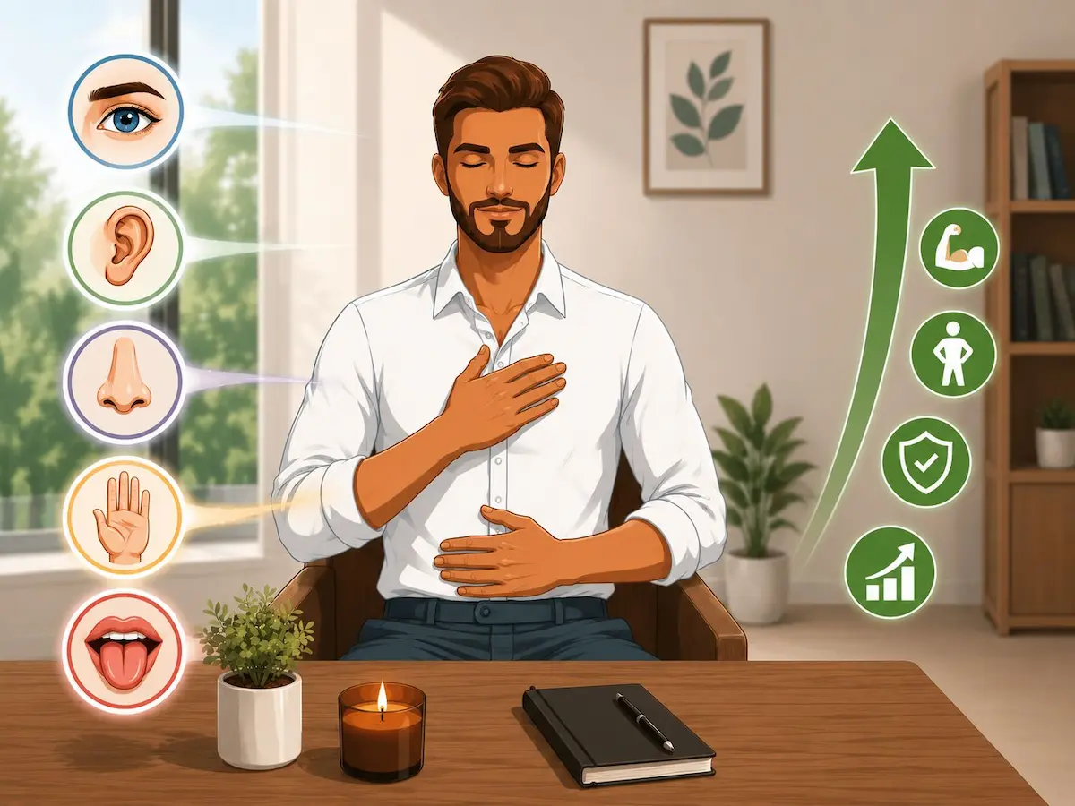 رسم توضيحي طبي يظهر الشاب مسترخياً ومحاطاً بأيقونات الحواس الخمس لشرح مفهوم تقنية التركيز الحسي في العلاج الجنسي للرجال.